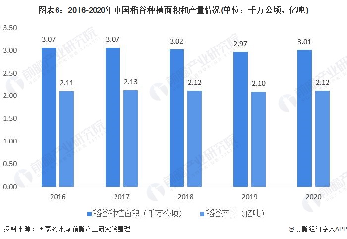 图表6:2016-2020年中国稻谷种植面积和产量情况(单位：千万公顷，亿吨)